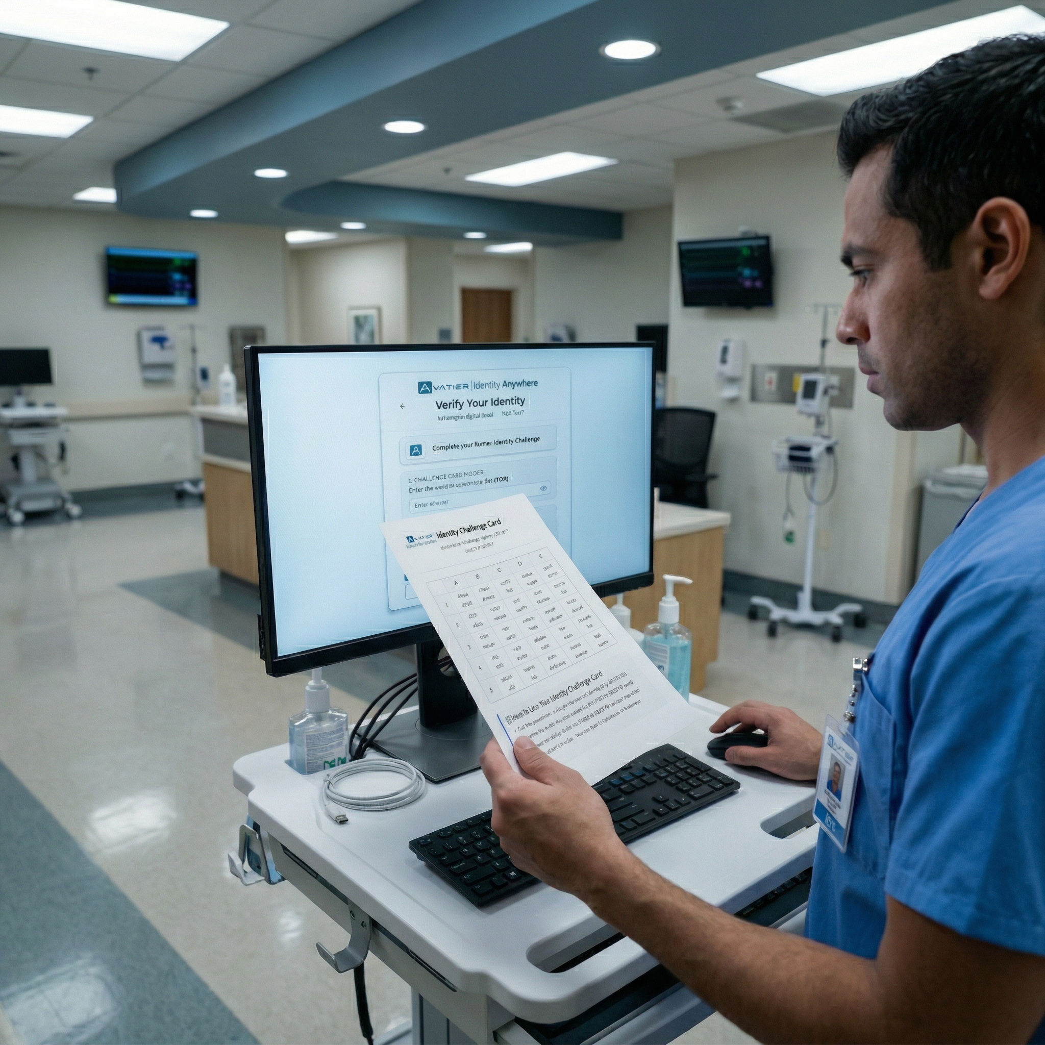 Hospital nurse using the Avatier Identity Challenge Card — Deviceless MFA for frontline healthcare workers