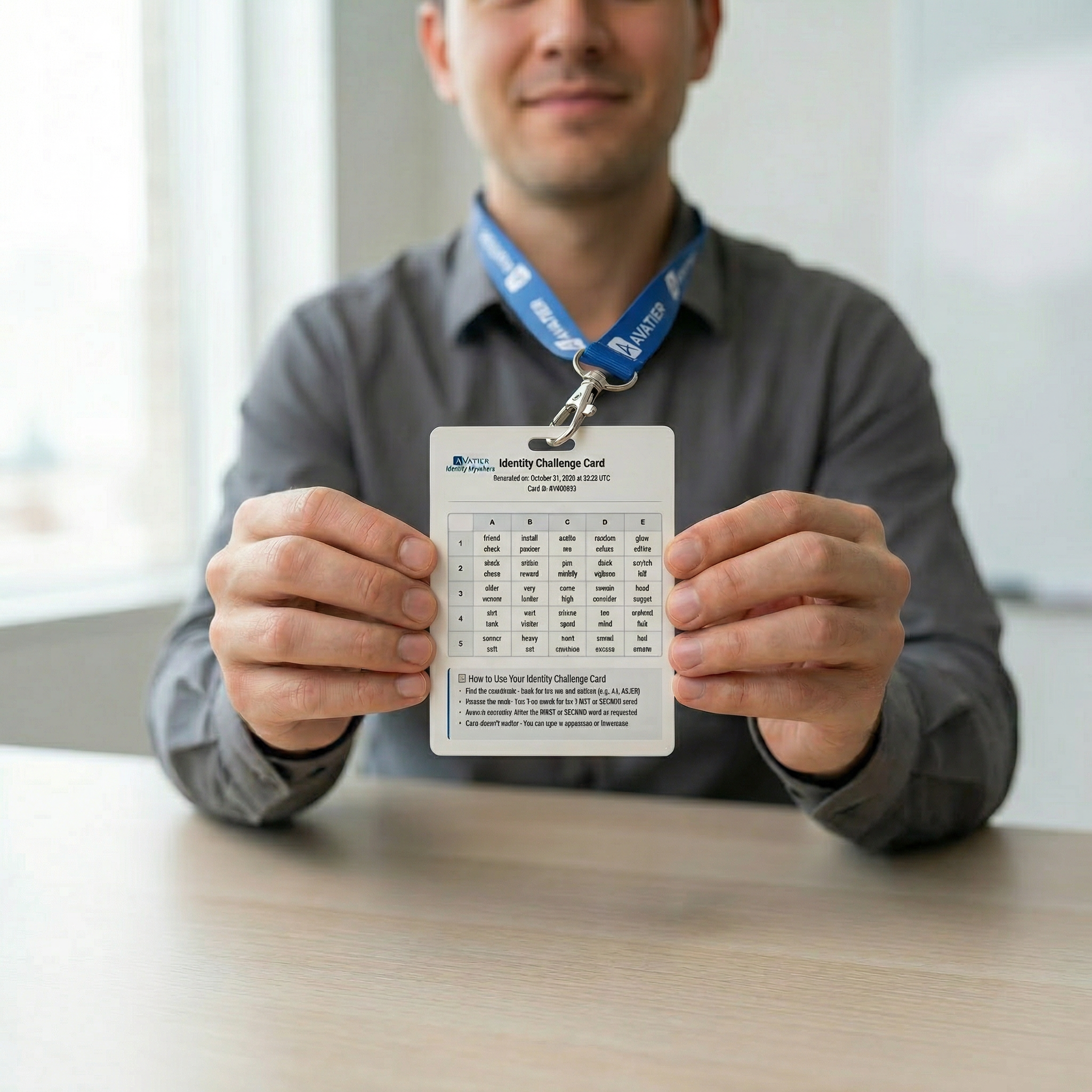 Knowledge worker with the Avatier Identity Challenge Card — Deviceless MFA for any employee