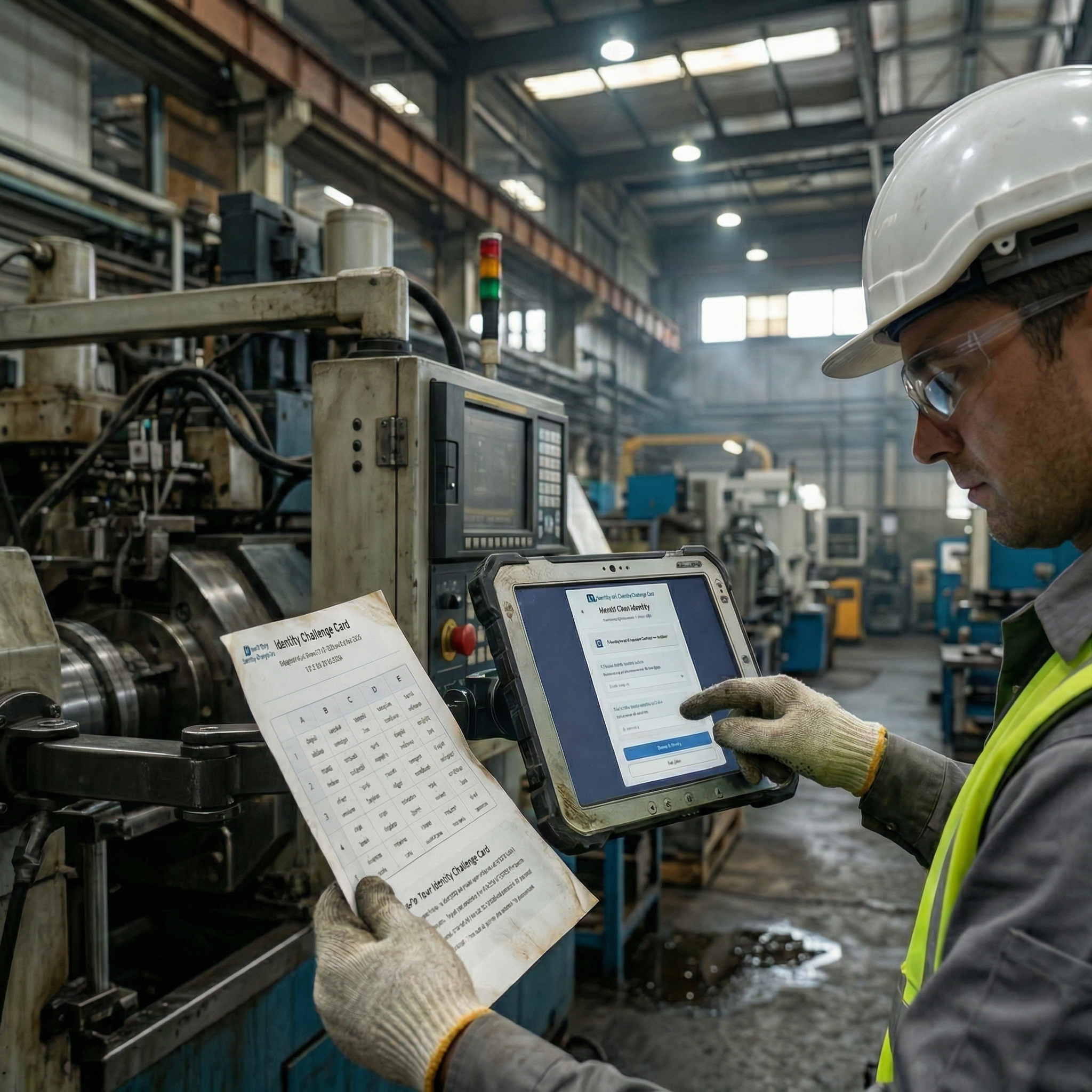 Factory worker using Deviceless MFA via the Avatier Identity Challenge Card on a shop floor