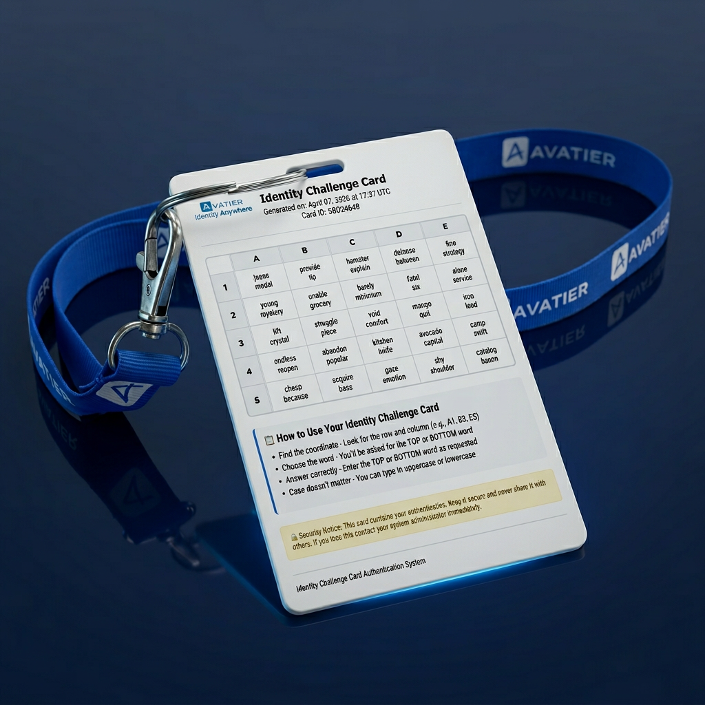 Physical Avatier Identity Challenge Card — the Deviceless MFA authenticator with a 5×5 grid of word pairs